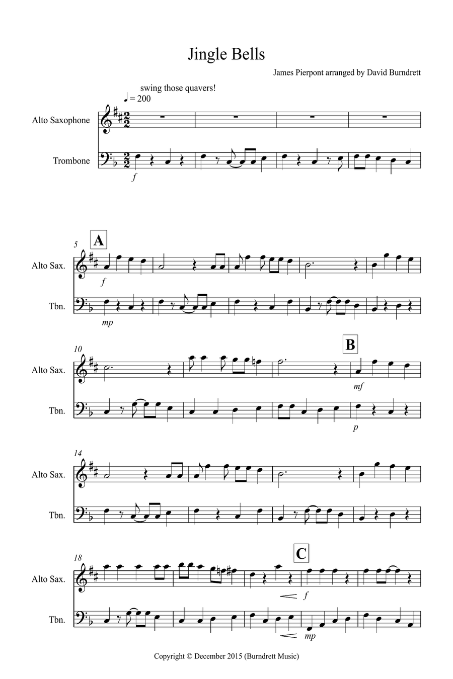 Jingle Bells (Jazzy Style!) for Alto Saxophone and Trombone Duet Trombone Duet scores gallery preview page 1