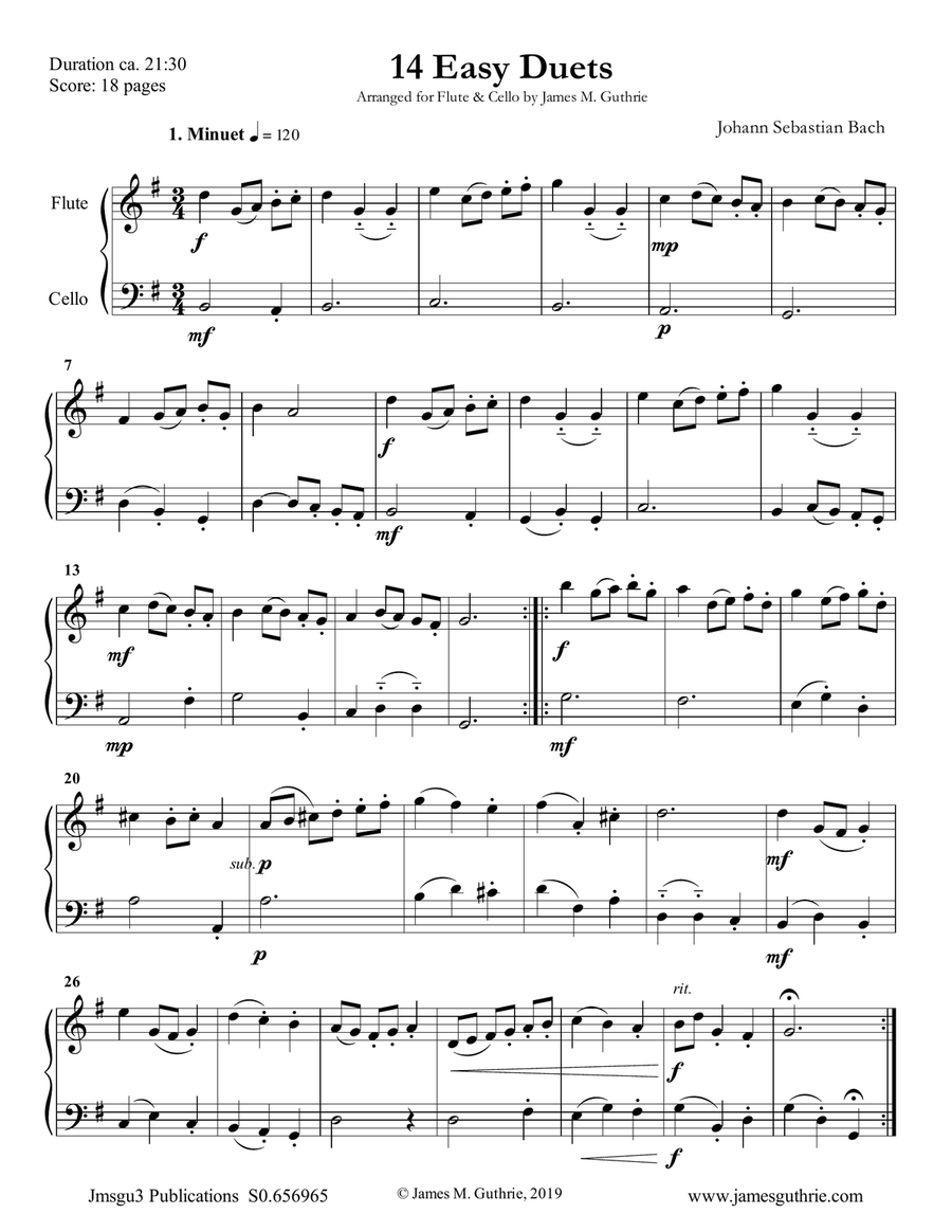 Bach: 14 Easy Duets for Flute & Cello Flute scores gallery preview page 1