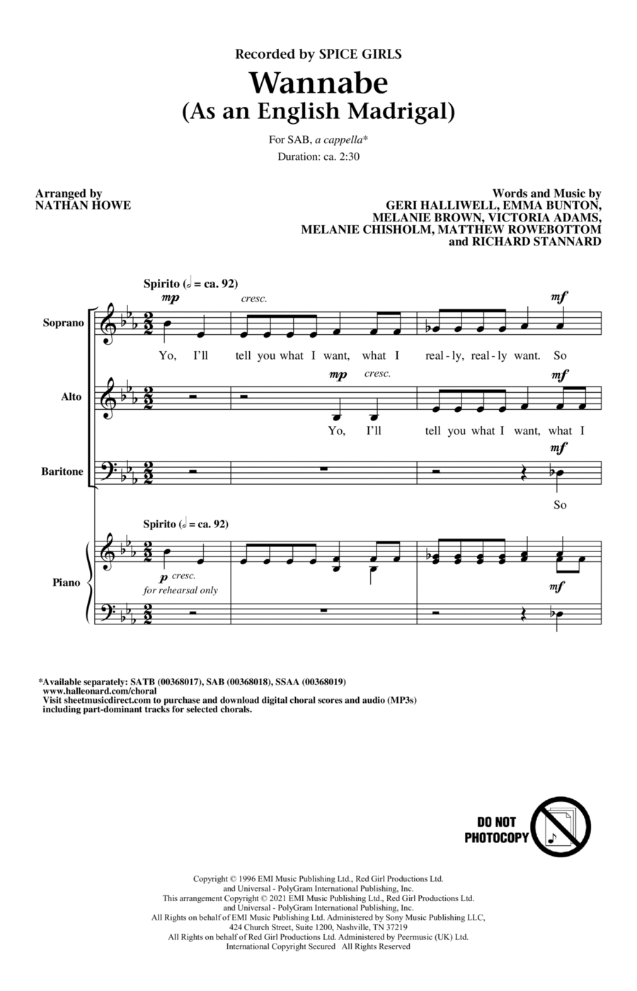 Wannabe (As an English Madrigal) (arr. Nathan Howe) 3-Part scores gallery preview page 1