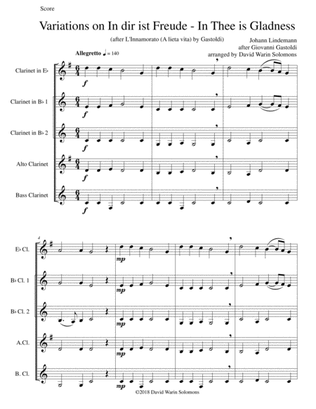 In dir ist Freude (In Thee is gladness) for clarinet quintet (E flat, 2 B flats, Alto, Bass)
