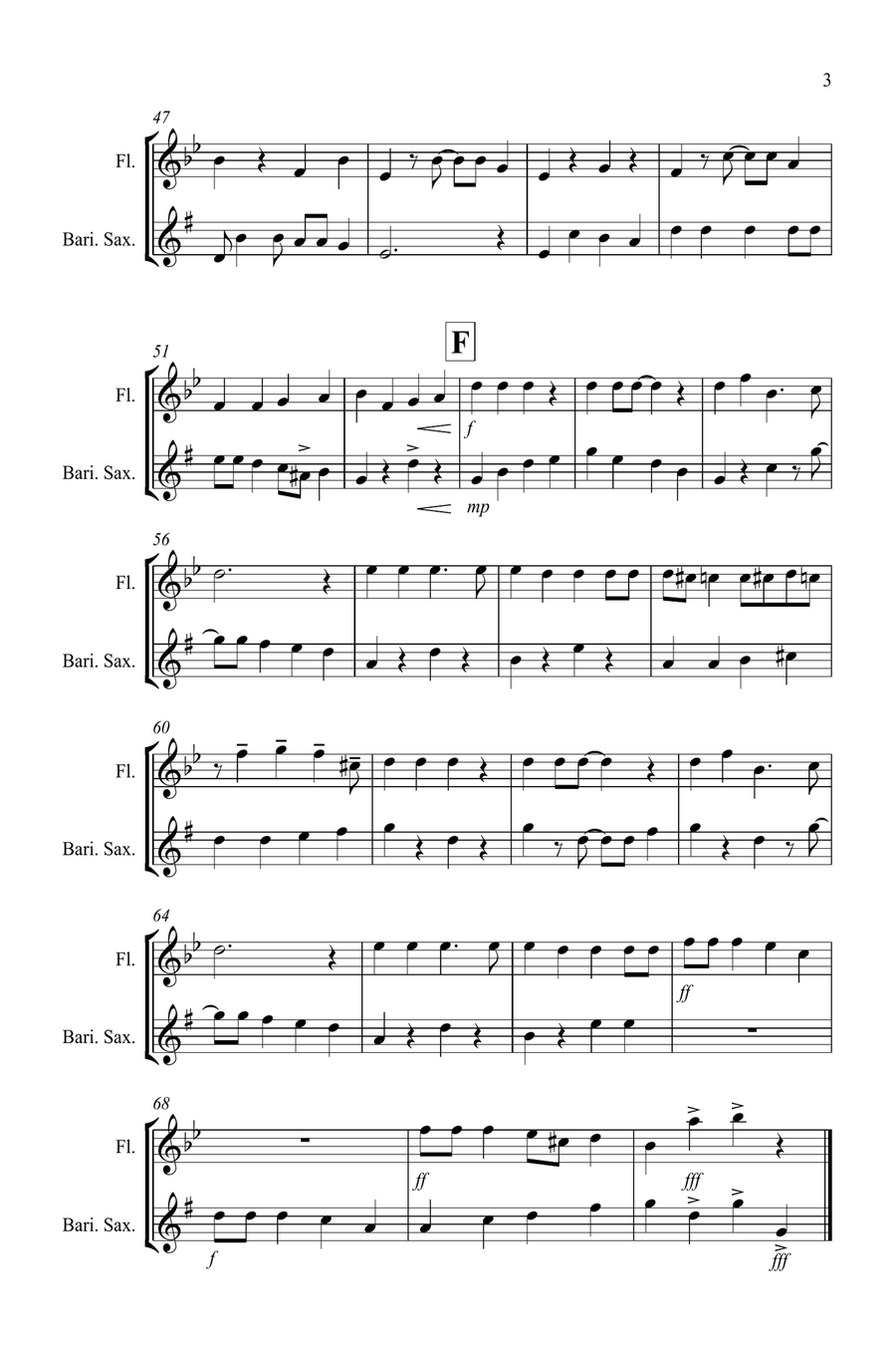 Jingle Bells (Jazzy Style!) for Flute and Baritone Saxophone Duet Woodwind Duet scores gallery preview page 3