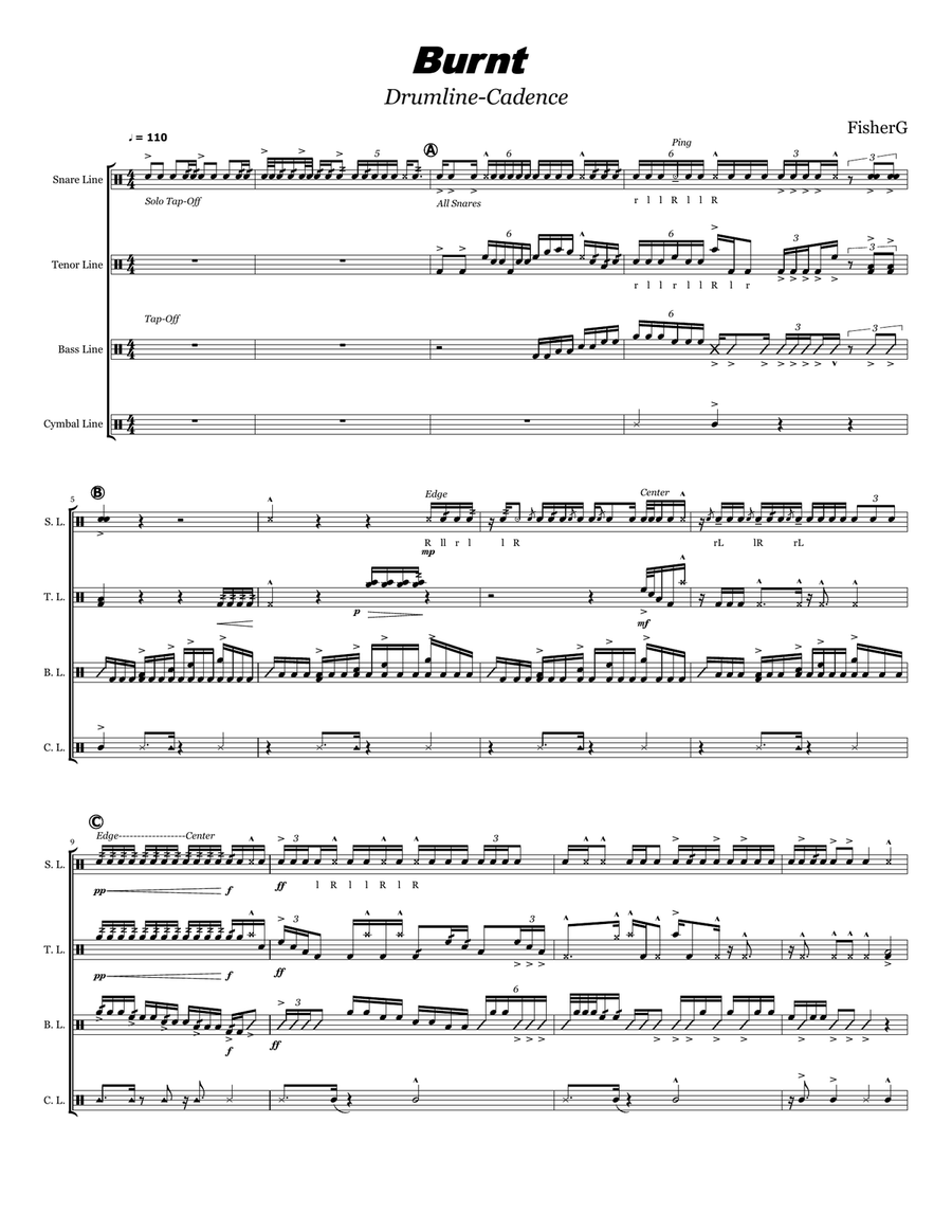 Burnt - Drumline Cadence (Level 5) Percussion Ensemble scores gallery preview page 1