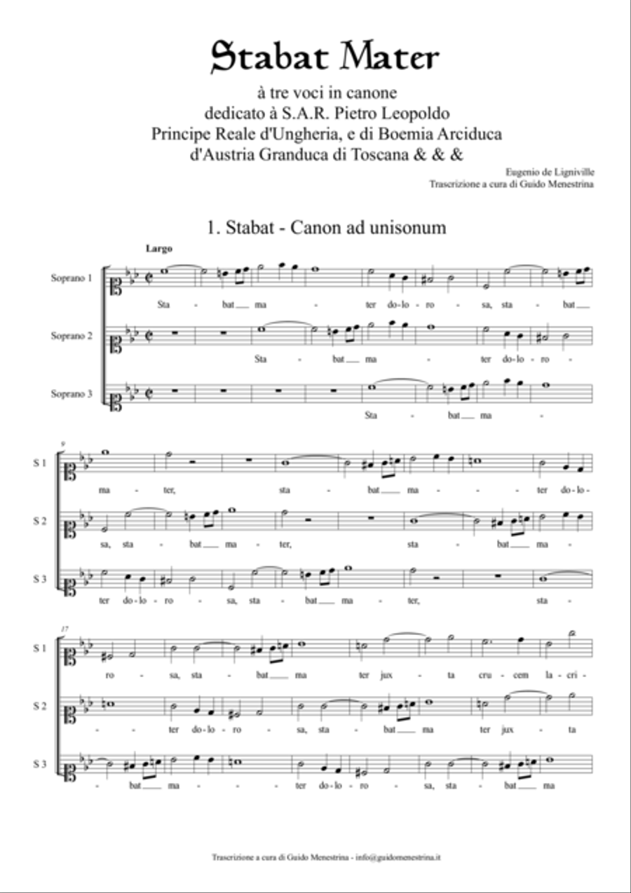 Eugenio de Ligniville - Stabat Mater à tre voci in Canone - First Part (canons 1-10) Divisi scores gallery preview page 1