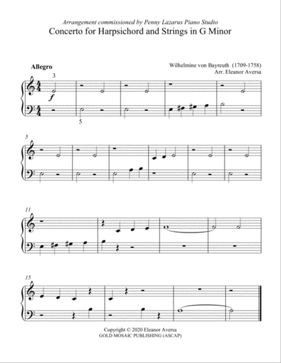 Concerto for Harpsichord and Strings in G Minor - Primer Level piano arrangement Harpsichord scores gallery preview page 1