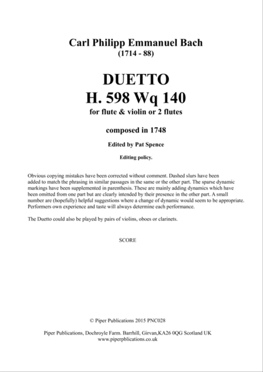 C.P.E. BACH DUETTO FOR FLUTE & VIOLIN H. 598 Wq. 140 Woodwind Ensemble scores gallery preview page 2