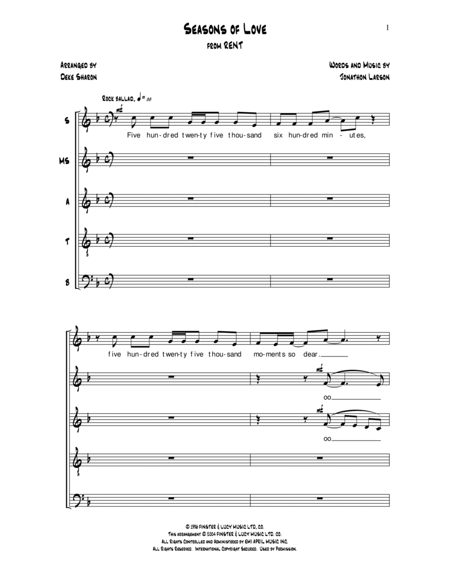Seasons of Love (arr. Deke Sharon) SSATB scores gallery preview page 1