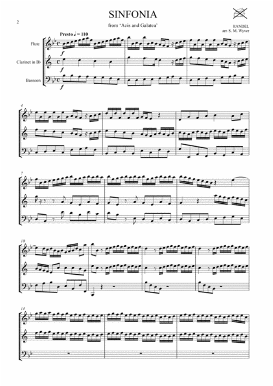 Sinfonia from Acis and Galatea arr. flute, clarinet and bassoon. Woodwind Trio scores gallery preview page 2