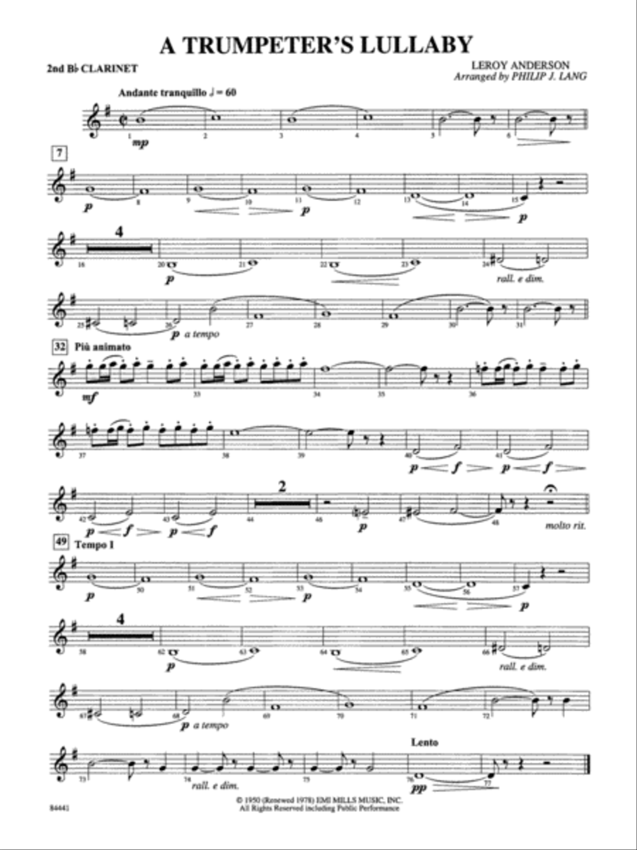 Trumpeter's Lullaby (with Trumpet Solo): 2nd B-flat Clarinet Concert Band scores gallery preview page 1