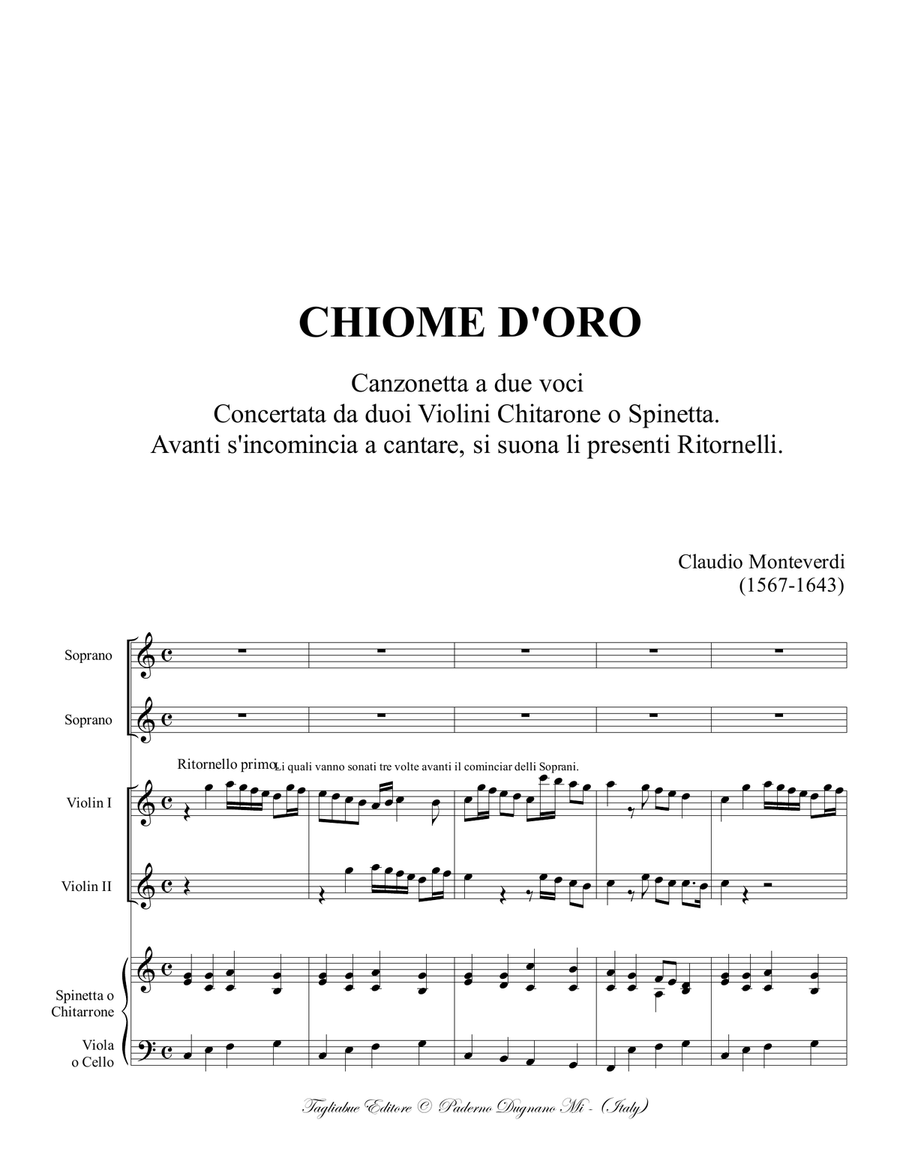 CHIOME D'ORO - C. Monteverdi - For 2 Soprano, 2Violini, Spinetta, e Basso (Cello) Small Ensemble scores gallery preview page 2