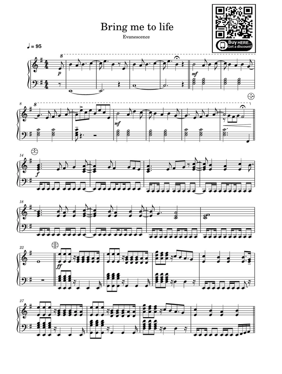 Bring Me To Life Easy Piano scores gallery preview page 1
