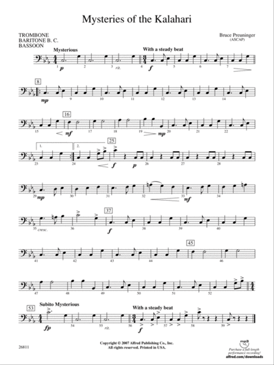 Mysteries of the Kalahari: 1st Trombone Concert Band scores gallery preview page 1