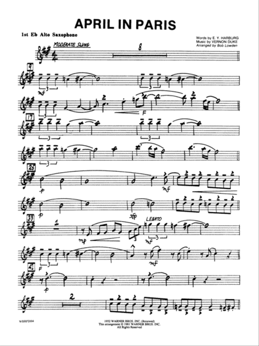 April in Paris: E-flat Alto Saxophone Jazz Ensemble scores gallery preview page 1