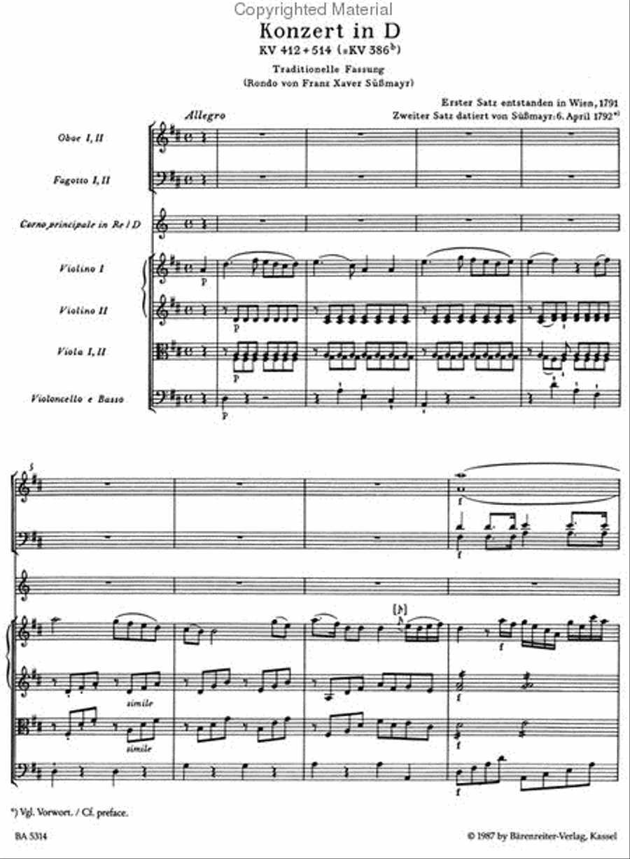 Concerto for Horn and Orchestra No. 1 D major KV 412 + 514 (386b) Violin scores gallery preview page 2