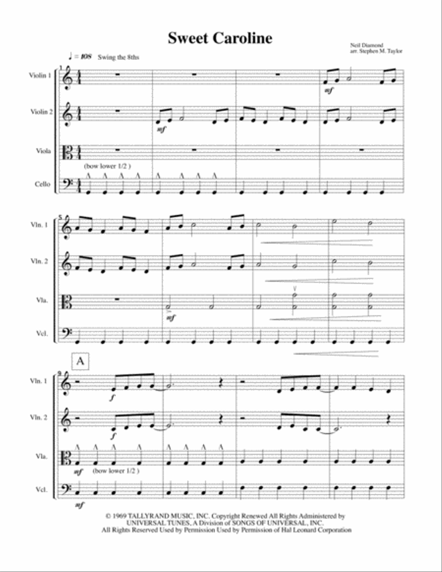 Sweet Caroline Sweet Caroline String Quartet scores gallery preview page 1