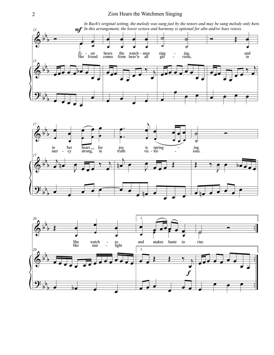 Zion Hears the Watchmen Singing (1 or 2 part) 4-Part scores gallery preview page 2