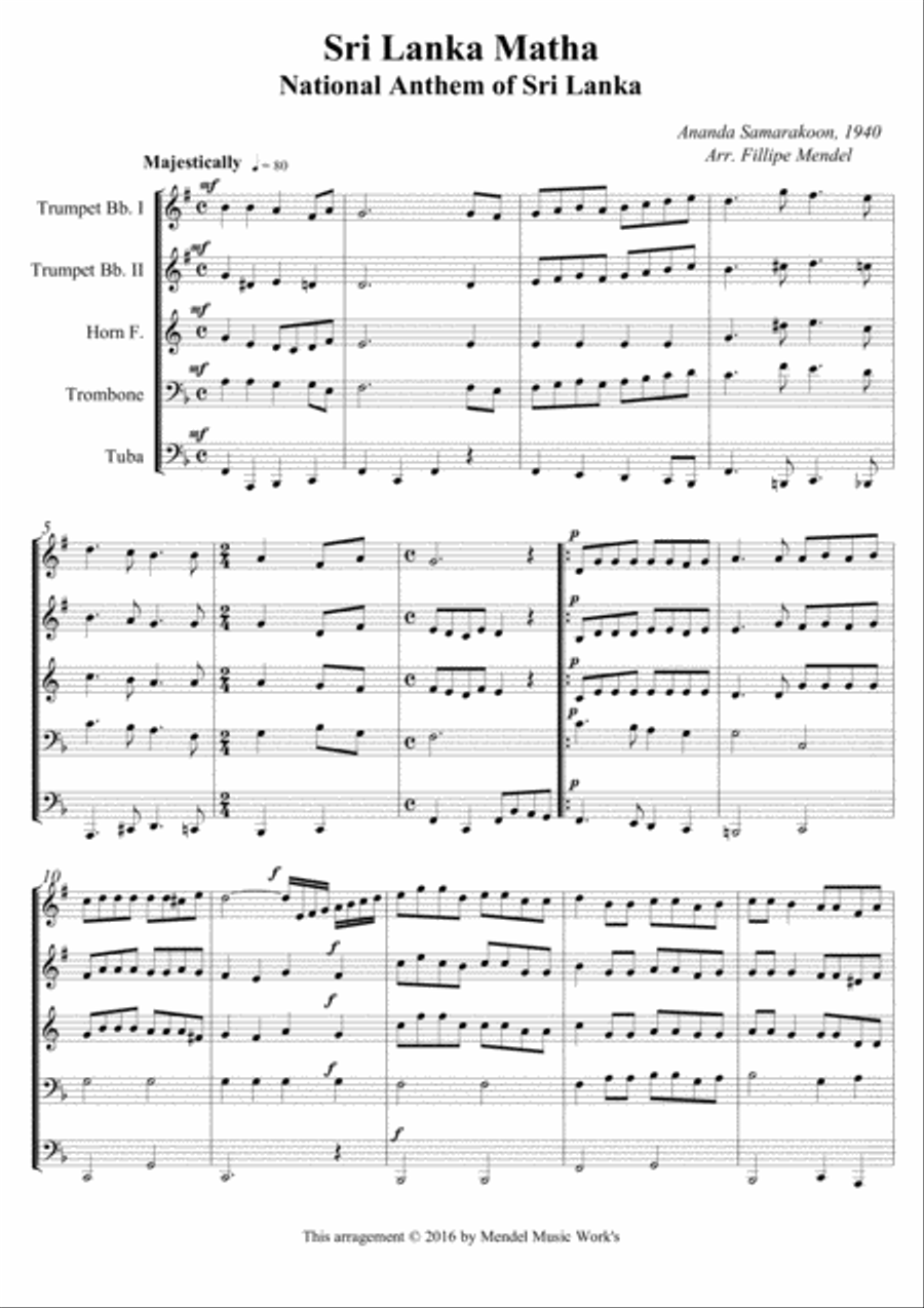 National Anthem of Sri Lanka Brass Ensemble scores gallery preview page 1