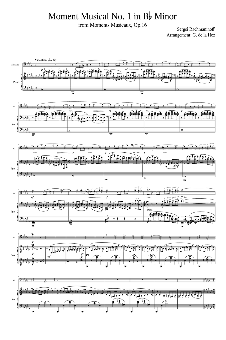 Rachmaninoff Moments Musicaux Op.16 (No. 1) - Arrangement for Cello and Piano Chamber Music scores gallery preview page 1