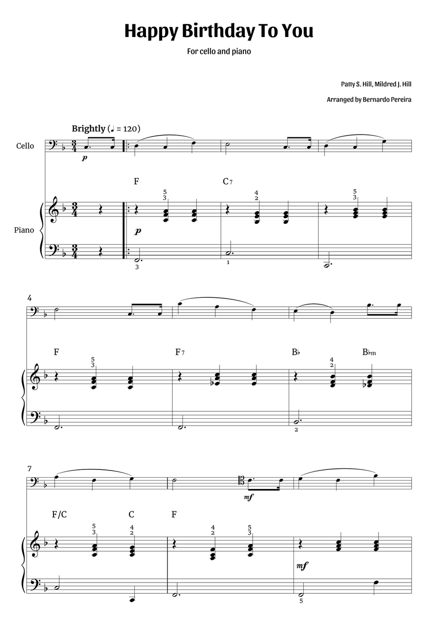 Happy Birthday To You (cello and piano) Piano scores gallery preview page 1