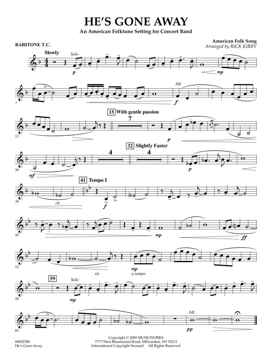 He's Gone Away (An American Folktune Setting for Concert Band) - Baritone T.C. Concert Band scores gallery preview page 1
