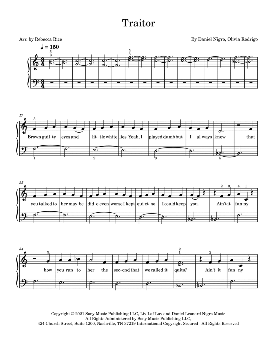 Traitor Traitor Easy Piano scores gallery preview page 1