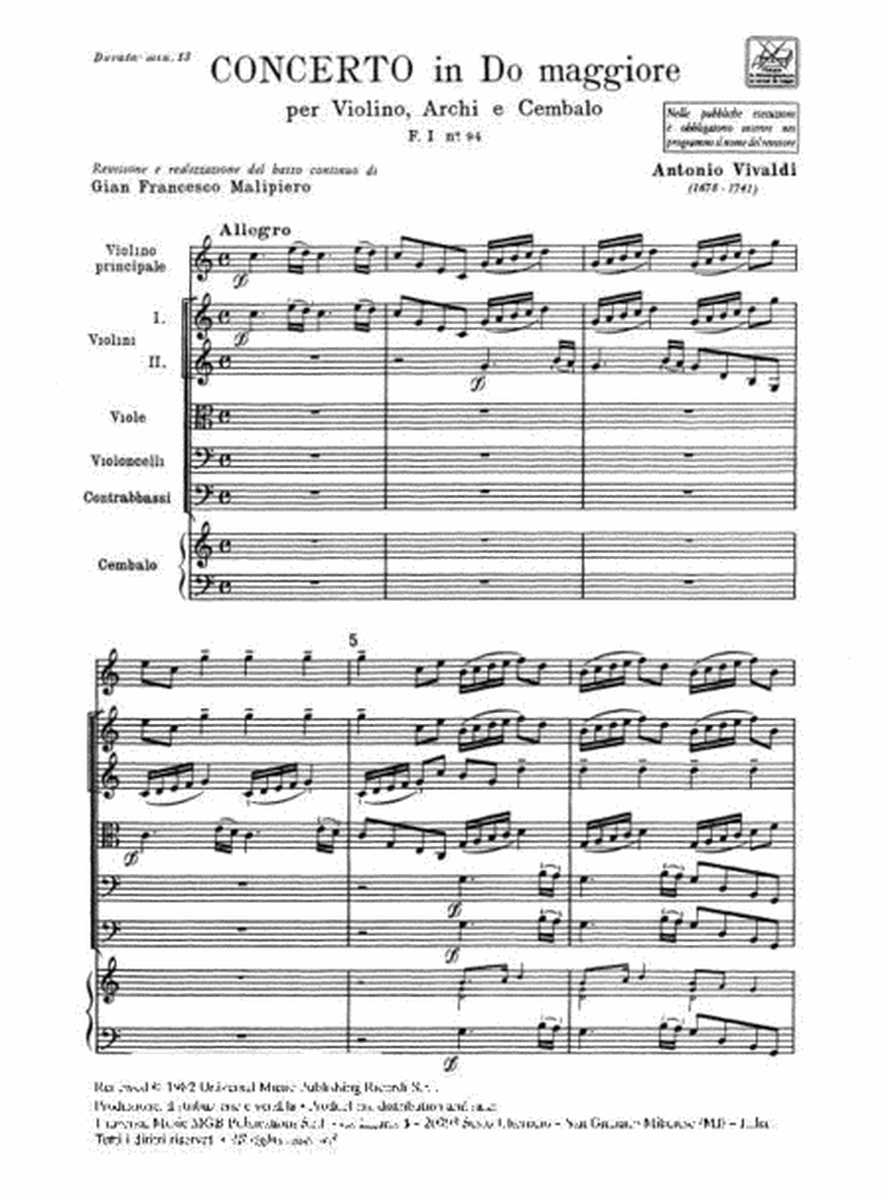 Concerto per Violino, Archi e BC: In Do Rv 182