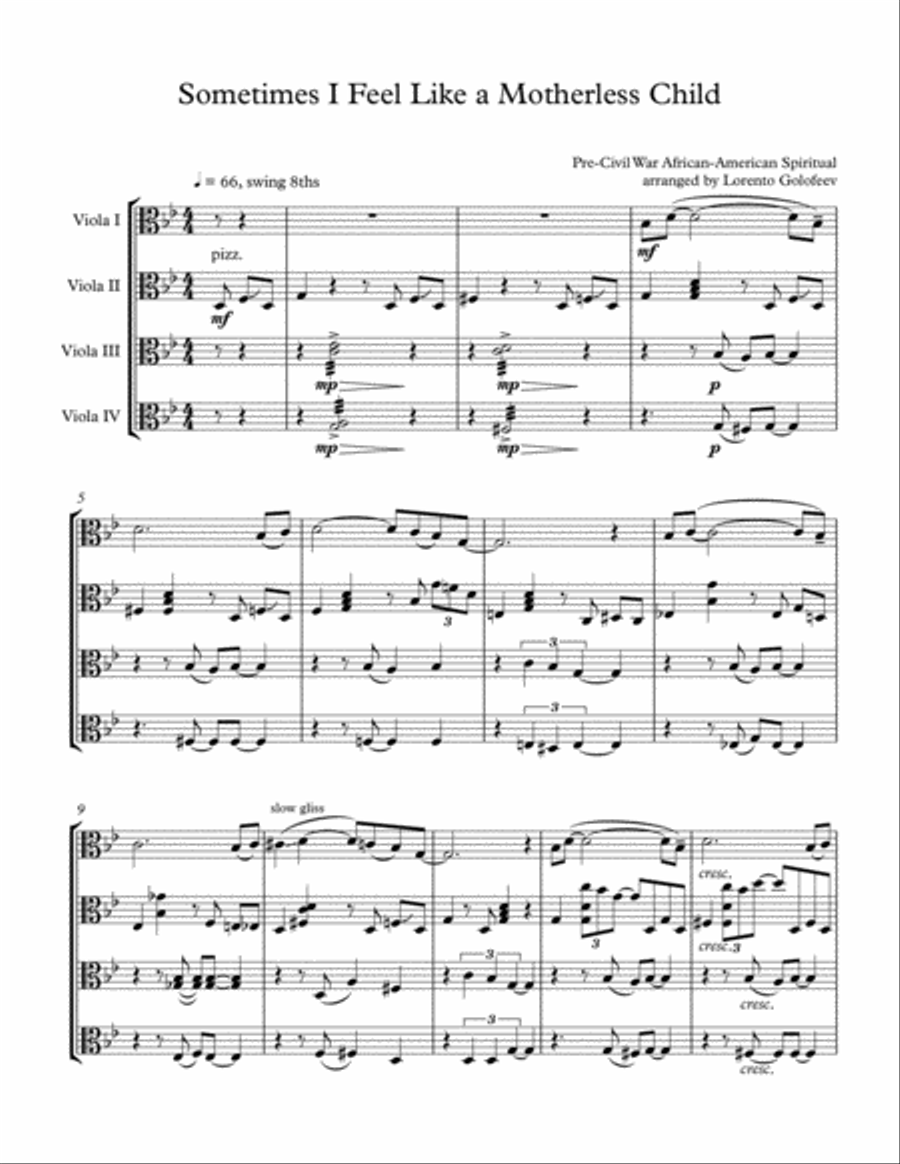 Sometimes I Feel Like a Motherless Child (African-American spiritual) - Viola Quartet Small Ensemble scores gallery preview page 1