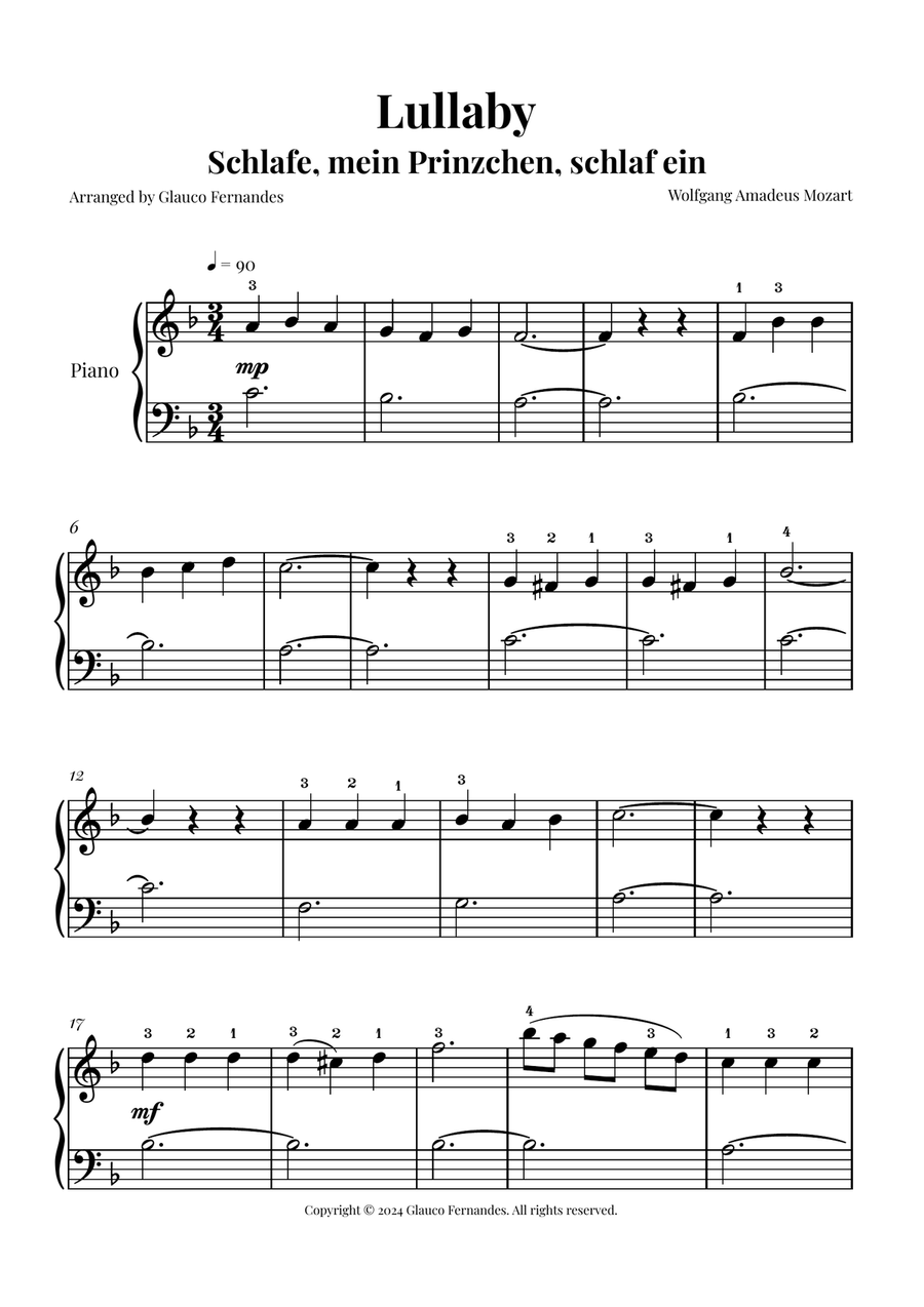Mozart's Lullaby - Easy Piano Arrangement Piano Method scores gallery preview page 1