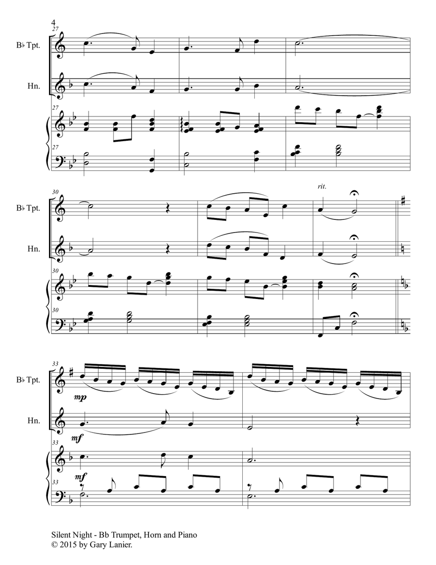 Gary Lanier: SILENT NIGHT (Trio – Bb Trumpet, Horn in F & Piano with Score & Parts) Brass Trio scores gallery preview page 5