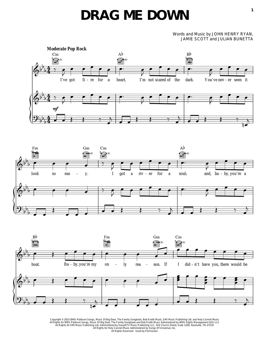 Drag Me Down Piano, Vocal, Guitar scores gallery preview page 1
