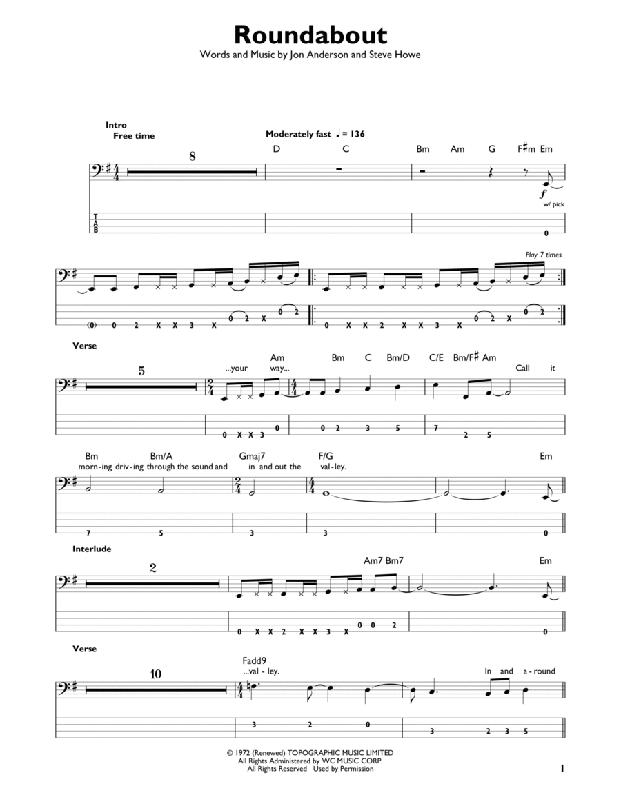 Roundabout Bass Guitar scores gallery preview page 1