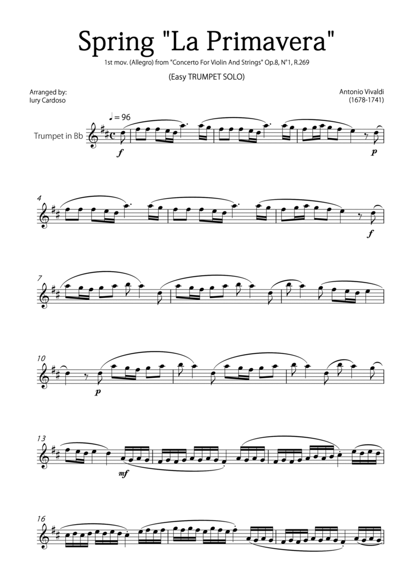 "Spring" (La Primavera) by Vivaldi - Easy version for TRUMPET SOLO image number null