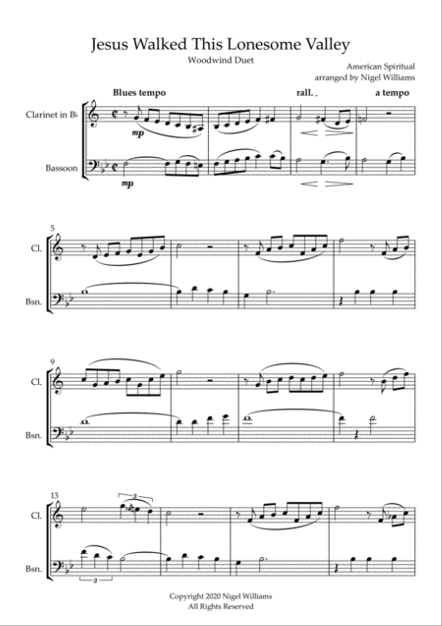 Jesus Walked This Lonesome Valley, for Clarinet and Bassoon Woodwind Duet scores gallery preview page 2