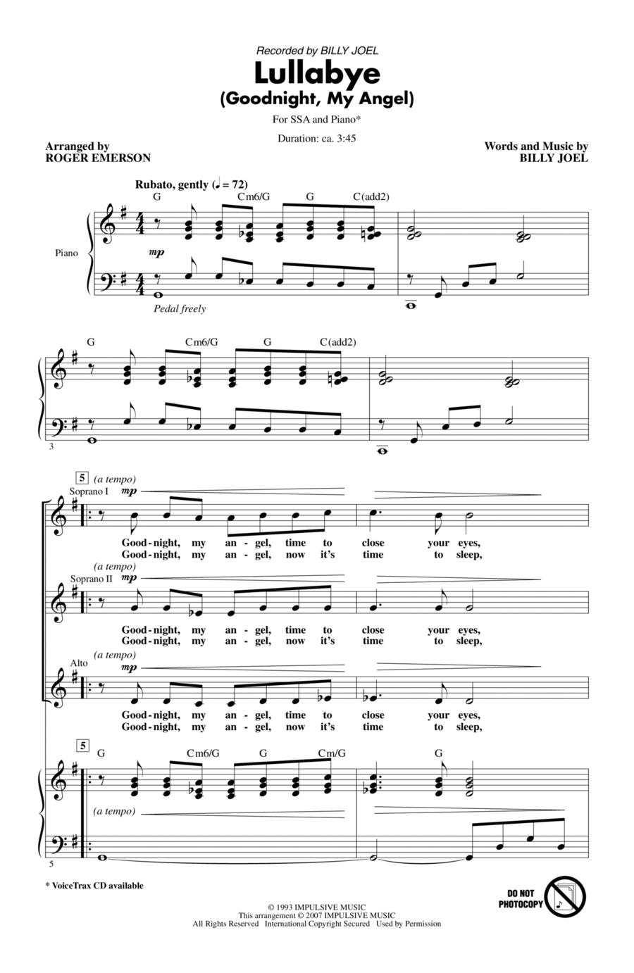 Lullabye (Goodnight, My Angel) SSA scores gallery preview page 1