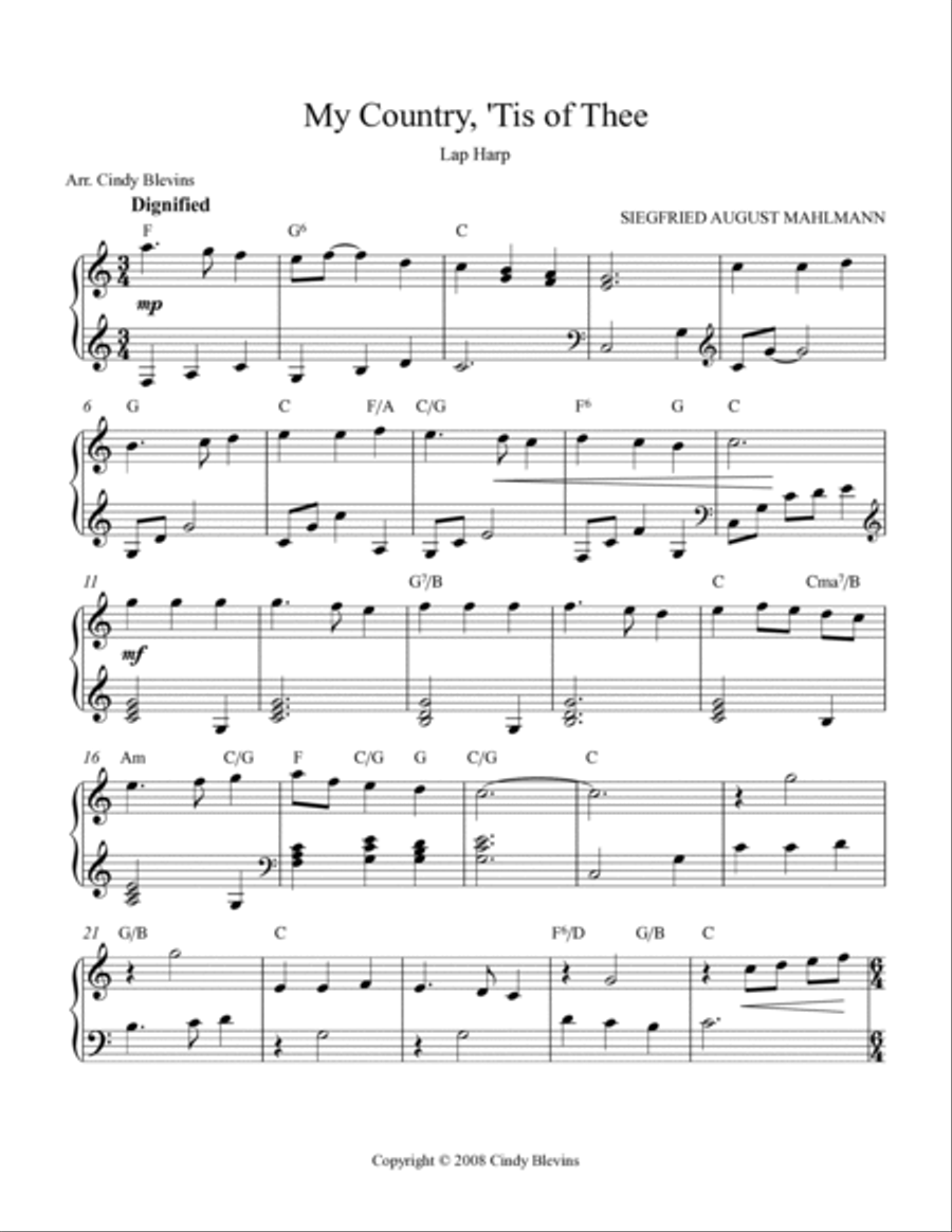 My Country 'Tis Of Thee, for Lap Harp Solo Lap Harp scores gallery preview page 2
