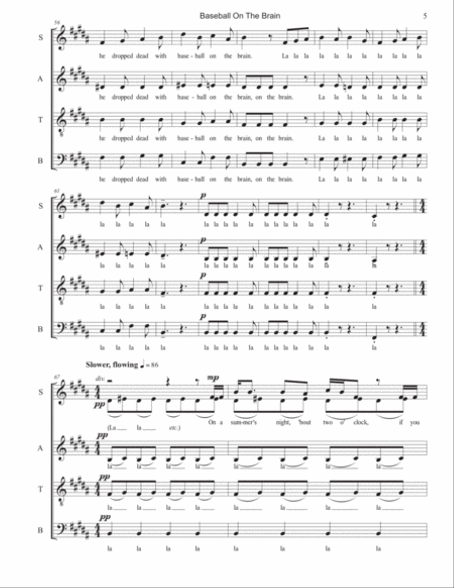 Baseball Songs: 2. Baseball on the Brain 4-Part scores gallery preview page 5
