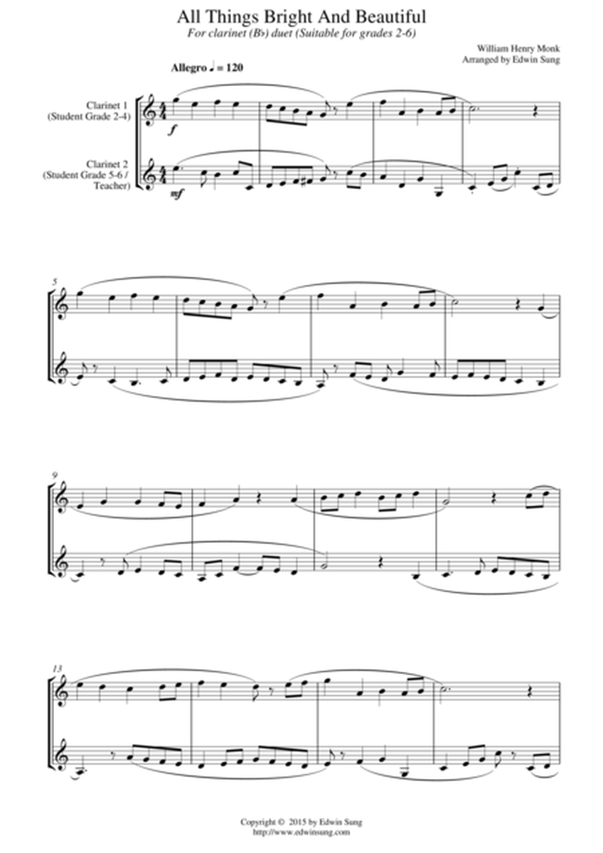 All Things Bright And Beautiful (for clarinet (Bb) duet, suitable for grades 2-6) image number null