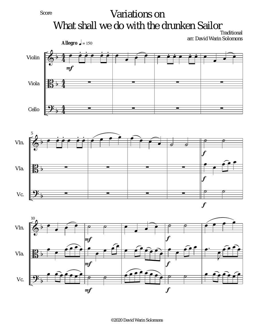 Variations on What shall we do with the drunken sailor for string trio String Trio scores gallery preview page 1