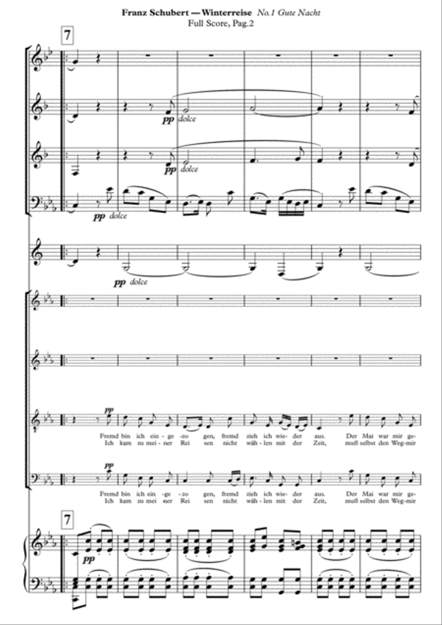 Schubert, Gute Nacht from Winterreise. Arranged for SATB and Piano with Wind-Instruments ad lib. Sco 4-Part scores gallery preview page 4