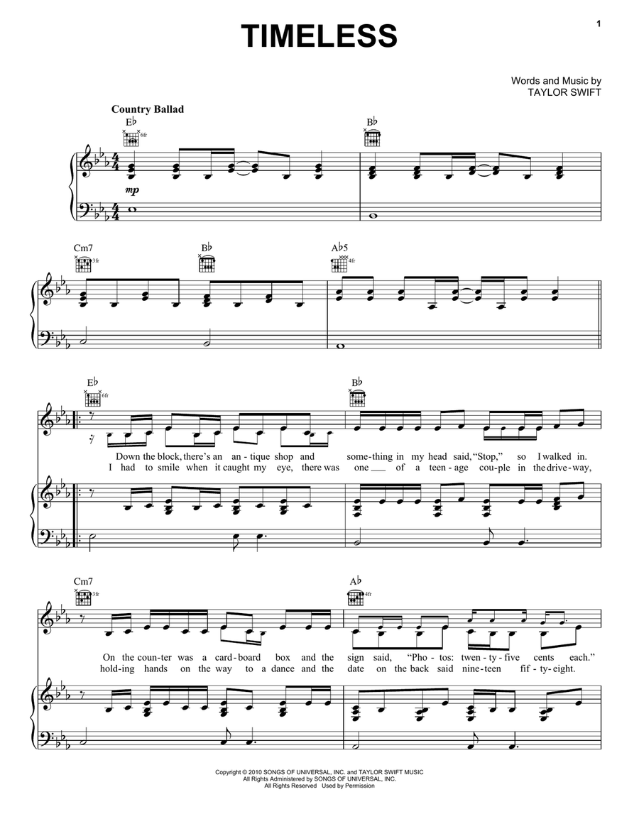 Timeless (Taylor's Version) (From The Vault) Piano, Vocal, Guitar scores gallery preview page 1