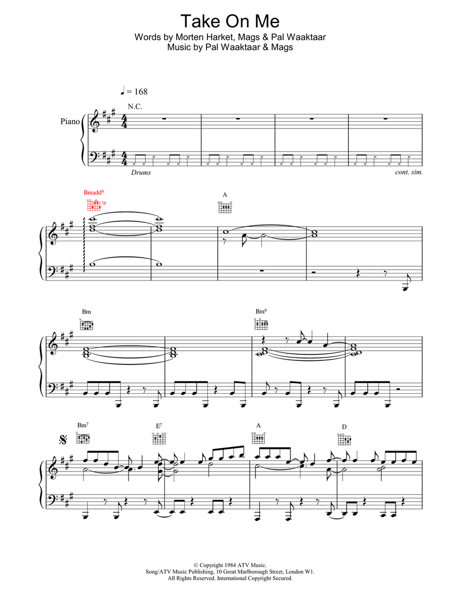 Take On Me Piano, Vocal, Guitar scores gallery preview page 1