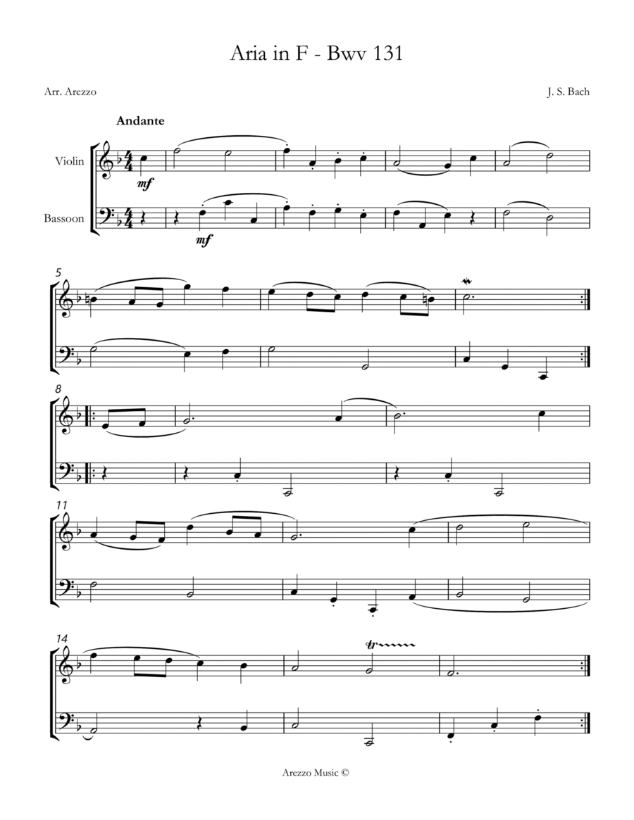 bach bwv anh. 131 gavotte in f major Violin and Bassoon Sheet Music Chamber Music scores gallery preview page 1