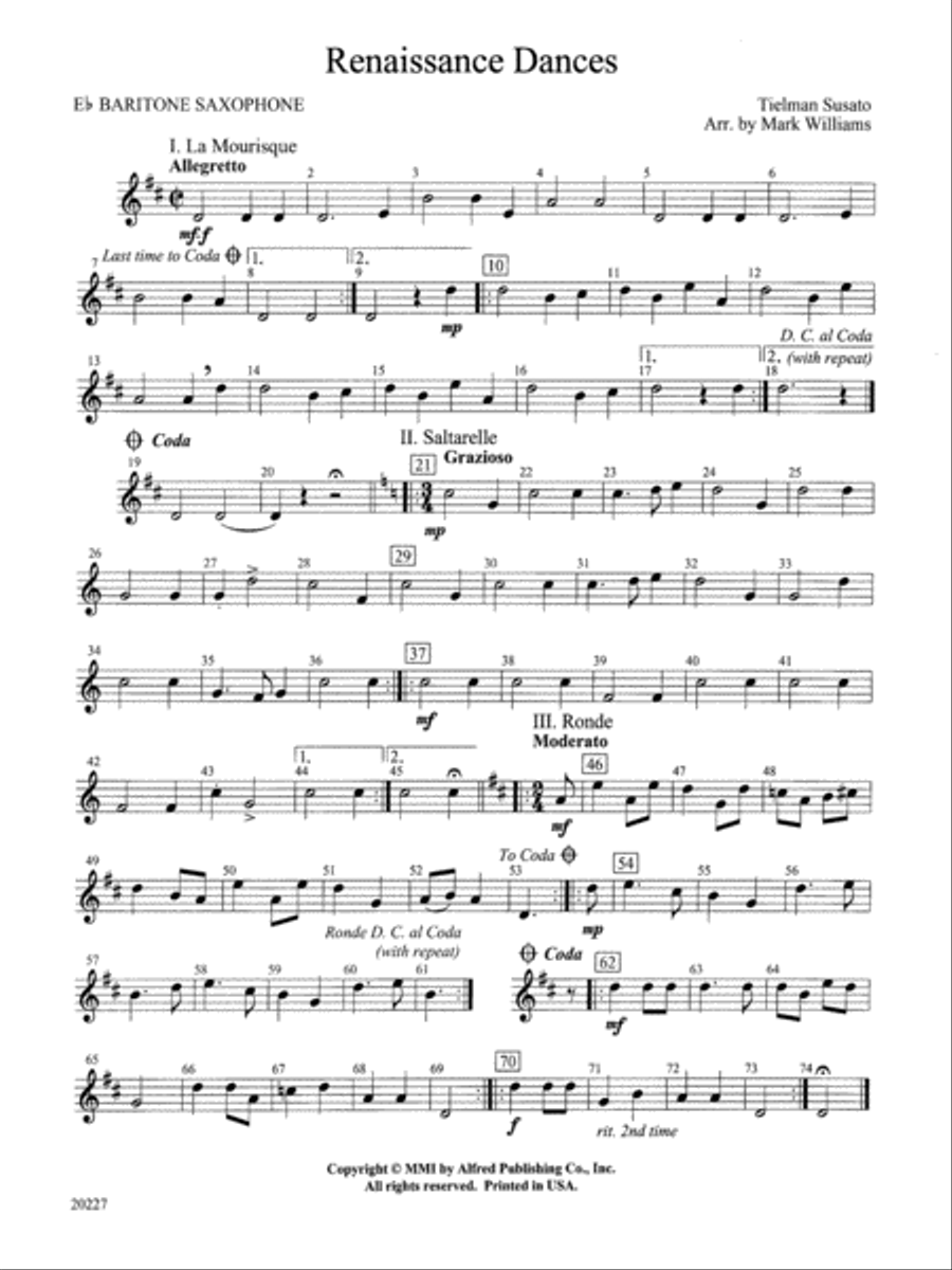 Renaissance Dances: E-flat Baritone Saxophone Concert Band scores gallery preview page 1
