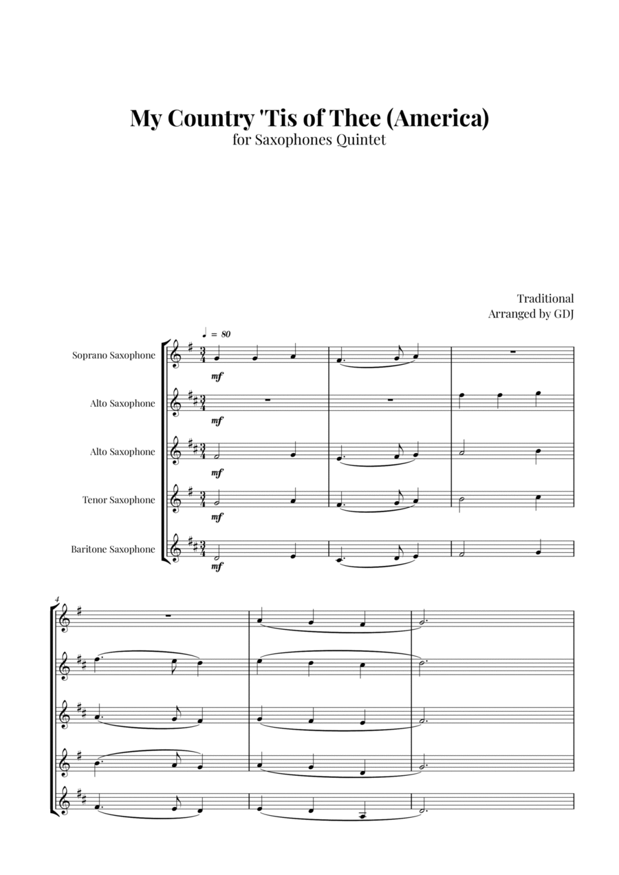 My Country 'Tis of Thee (America) Saxophone Quintet scores gallery preview page 1