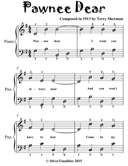 Pawnee Dear Easiest Piano Sheet Music for Beginner Pianists