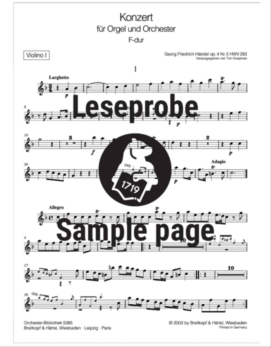 Organ Concerto (No. 5) in F major Op. 4/5 HWV 293 Orchestra scores gallery preview page 2