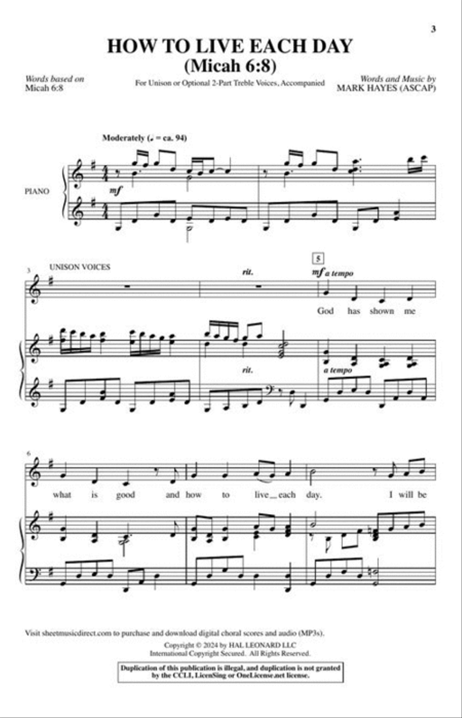 How to Live Each Day Unison Choir scores gallery preview page 3
