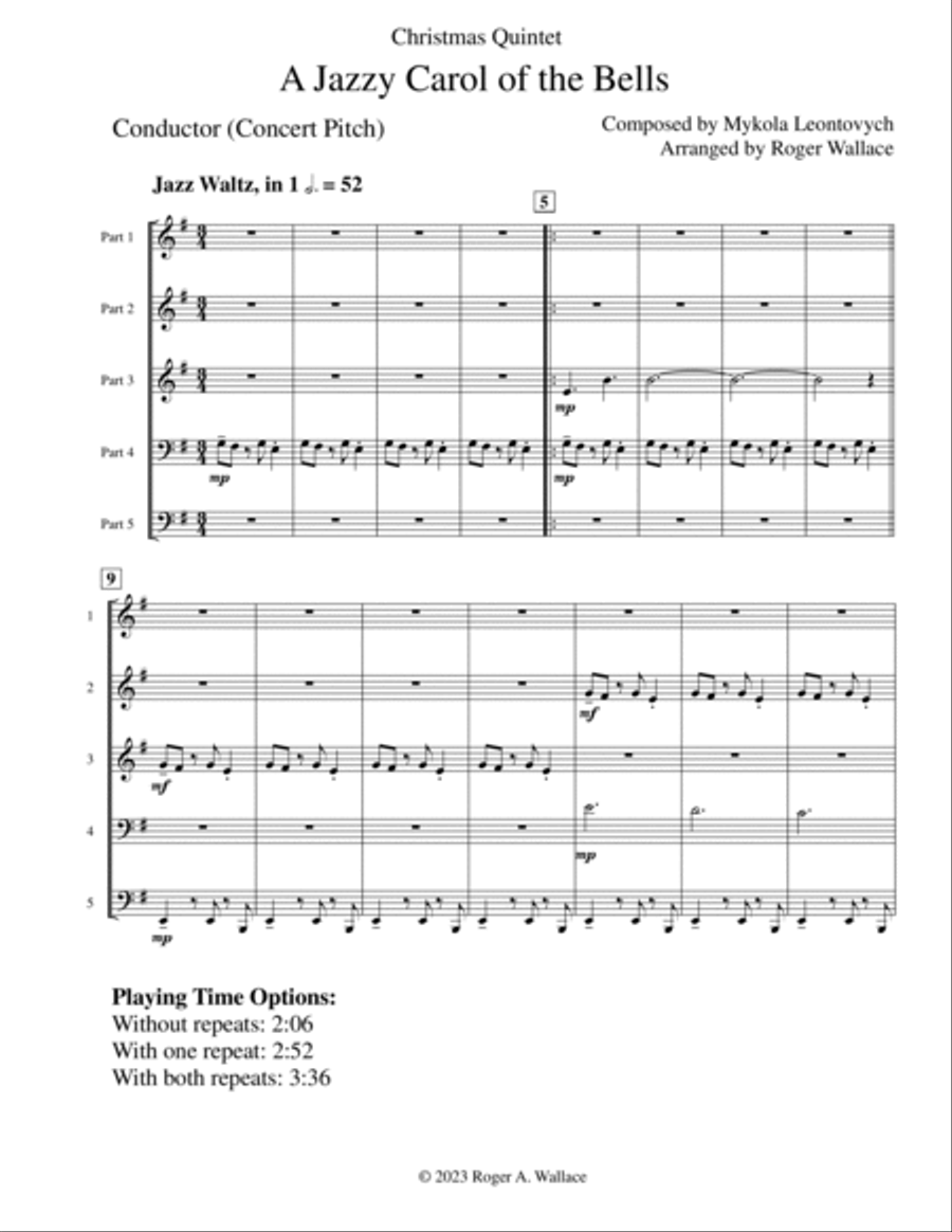 Carol of the Bells (Jazz Waltz for Mixed Quintet) Viola scores gallery preview page 2
