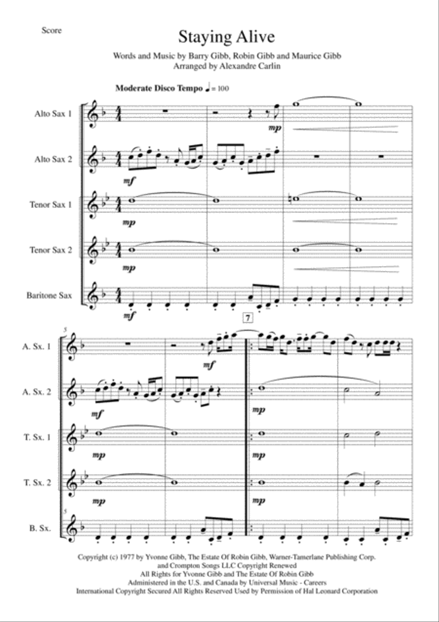 Stayin' Alive from the Motion Picture SATURDAY NIGHT FEVER Stayin' Alive from the Motion Picture SATURDAY NIGHT FEVER Saxophone Quintet scores gallery preview page 2