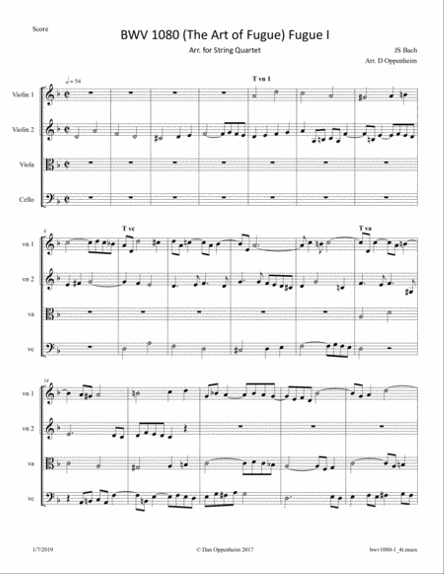Bach: The Art of Fugue, BWV 1080; Fugue 1 arr. for String Quartet String Quartet scores gallery preview page 1