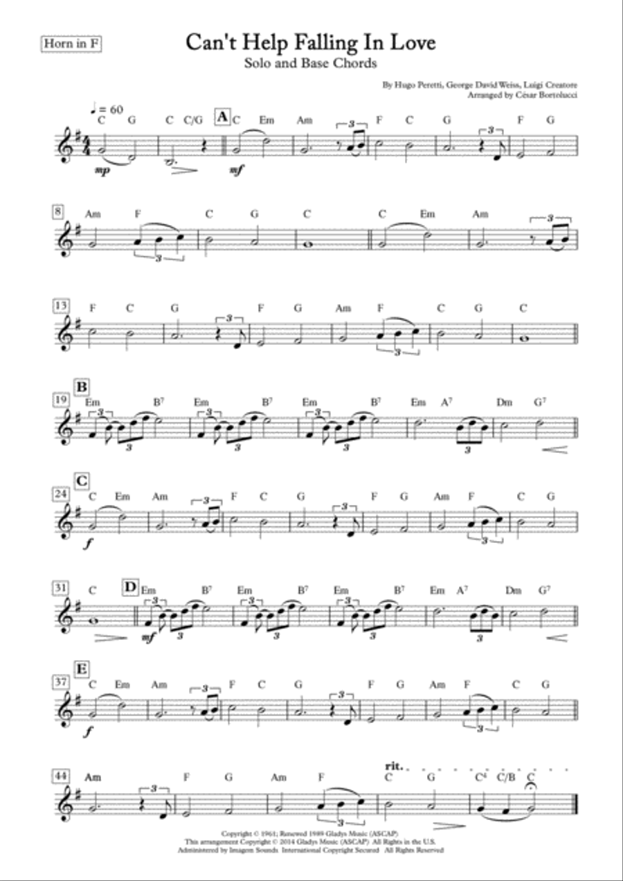 Can't Help Falling In Love Horn Solo scores gallery preview page 1